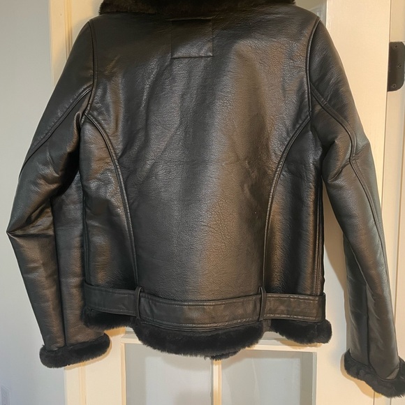 Abercrombie And Fitch Black Faux Fur Lined Moto Jacket Coat Size M~EUC - Picture 2 of 2